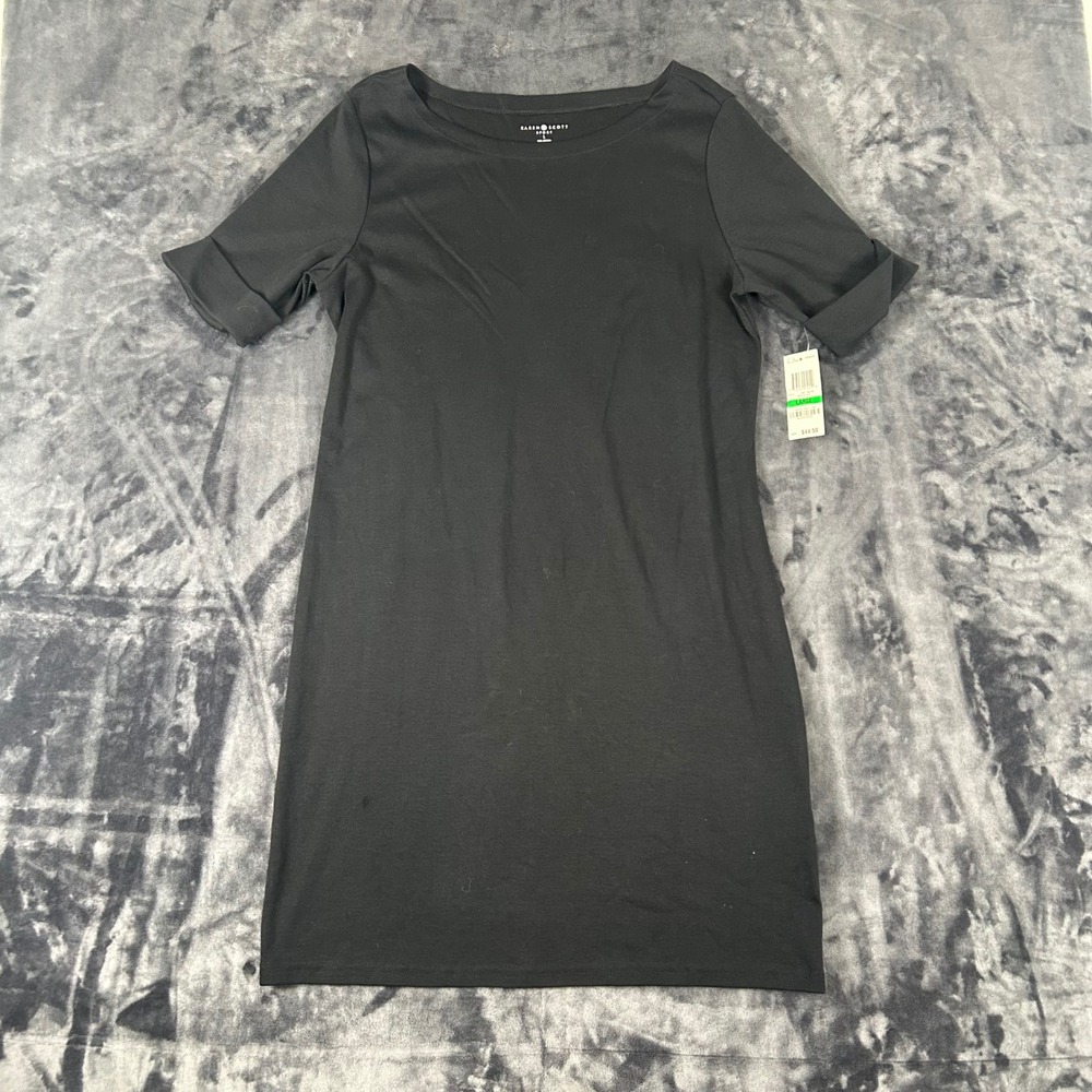 Karen Scott Sport T-Shirt Dress Womens Large Black Cotton Cuffed Short Sleeve